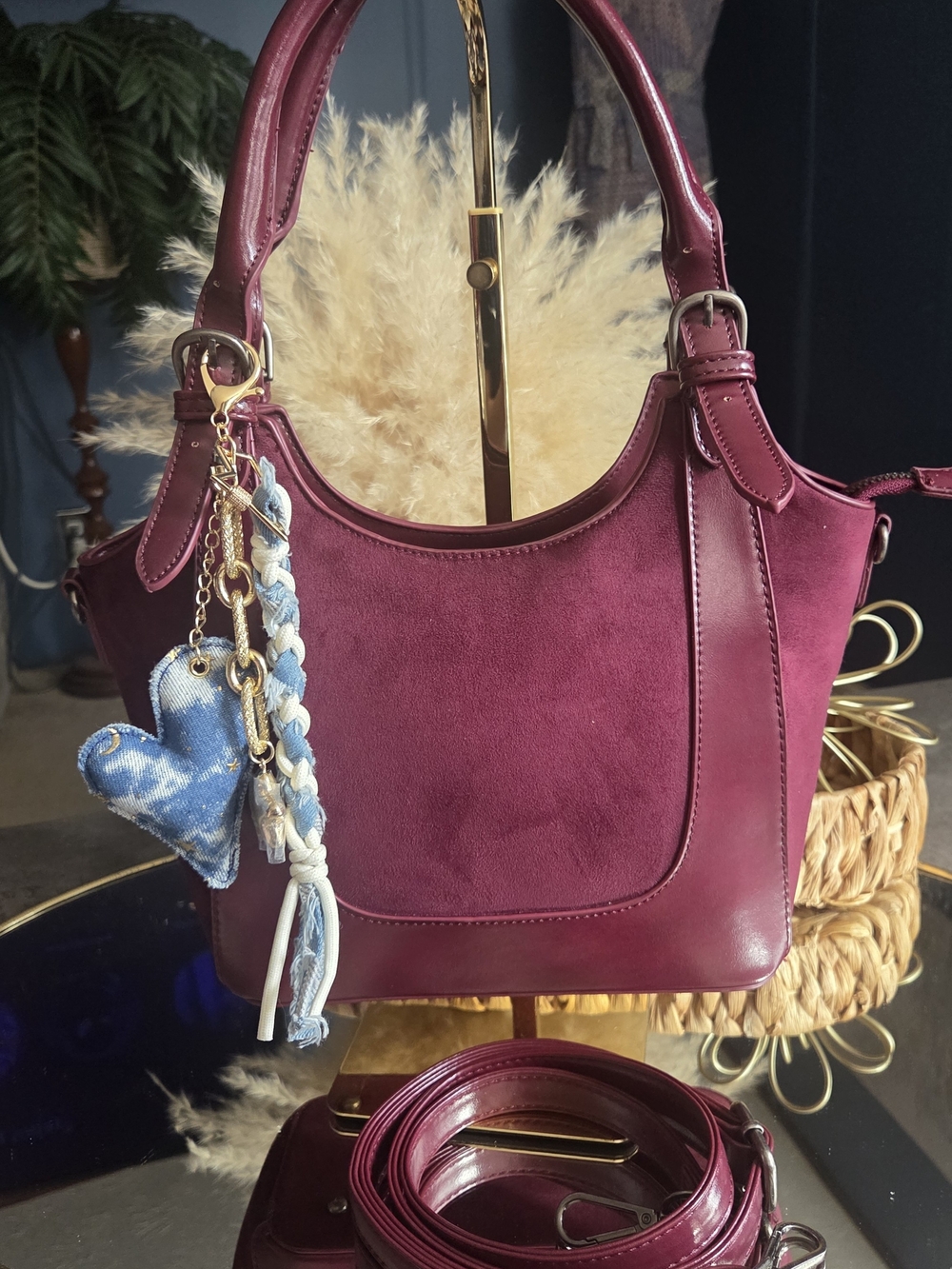 Burgundy Faux Suede & Faux Leather Crossbody Shoulder Bag + Charm
